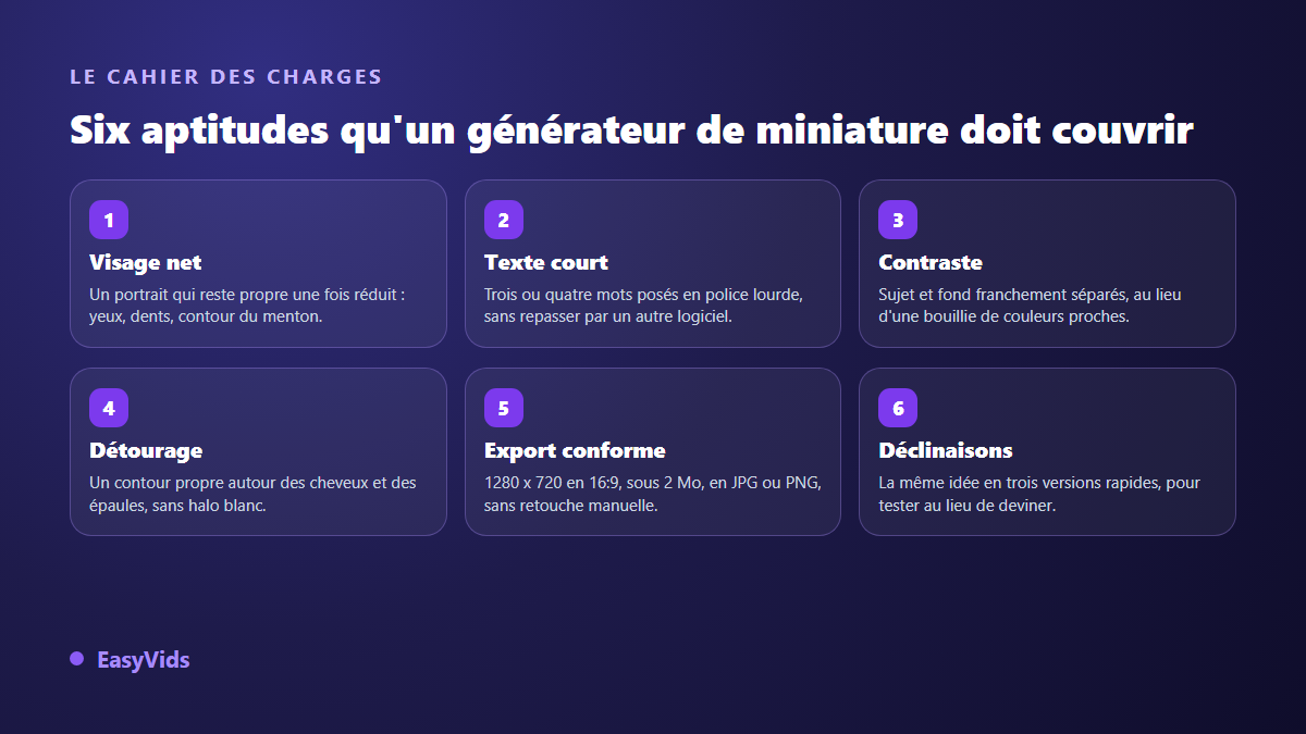 Les six aptitudes d'un générateur de miniature YouTube : visage net, texte court, contraste, détourage, export conforme et déclinaisons