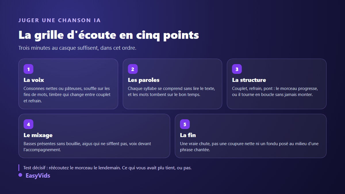 Grille d'écoute d'une chanson IA en cinq points : la voix, les paroles, la structure, le mixage et la fin du morceau