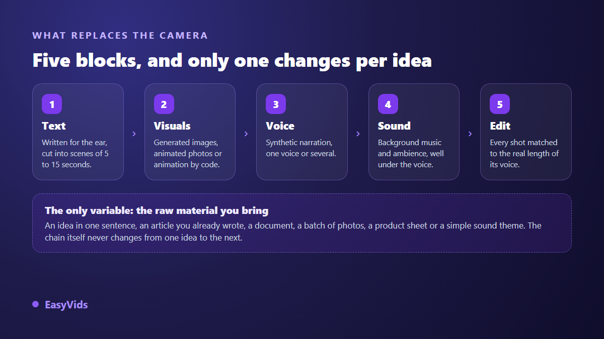 The five building blocks of a faceless video: text, generated visuals, synthetic voice, music and automatic editing