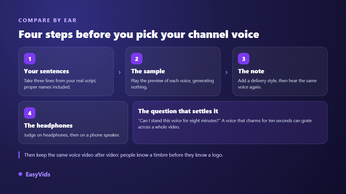 Four step method to compare AI voice overs by ear before generating a YouTube narration