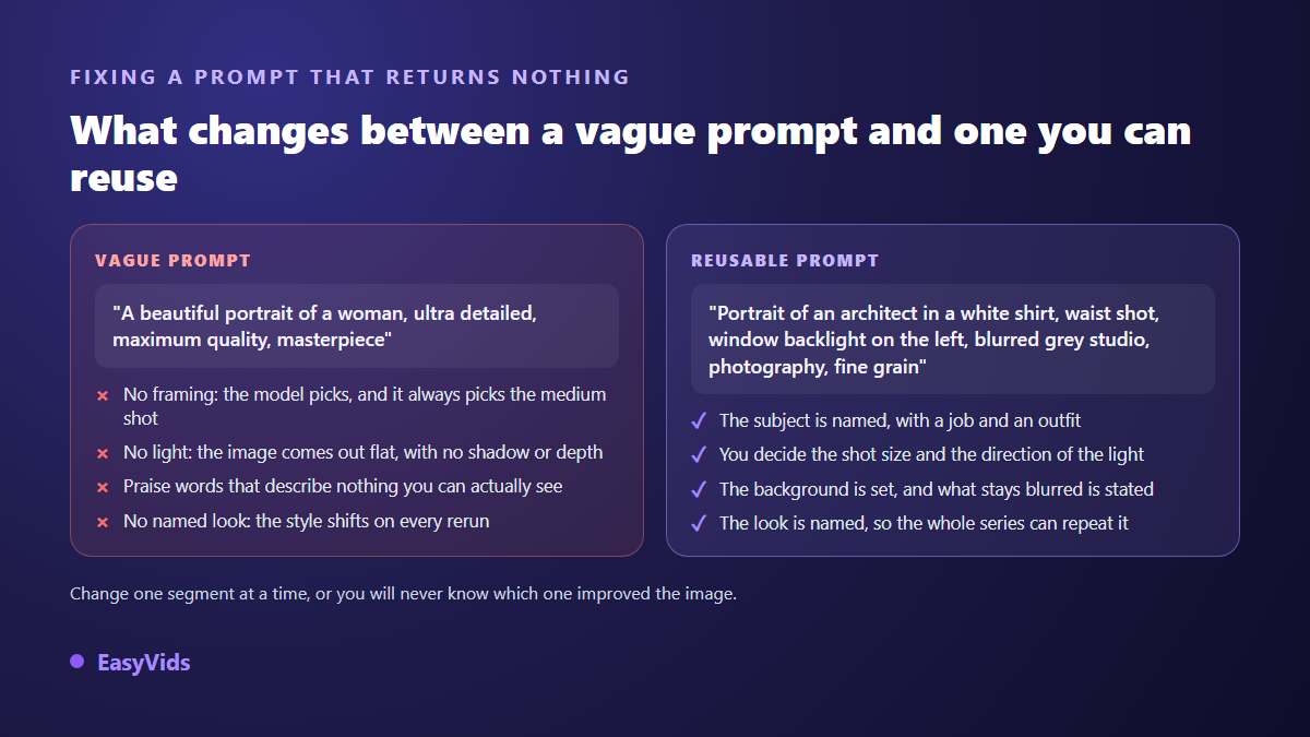Vague AI image prompt compared with a copy and paste prompt built on five segments