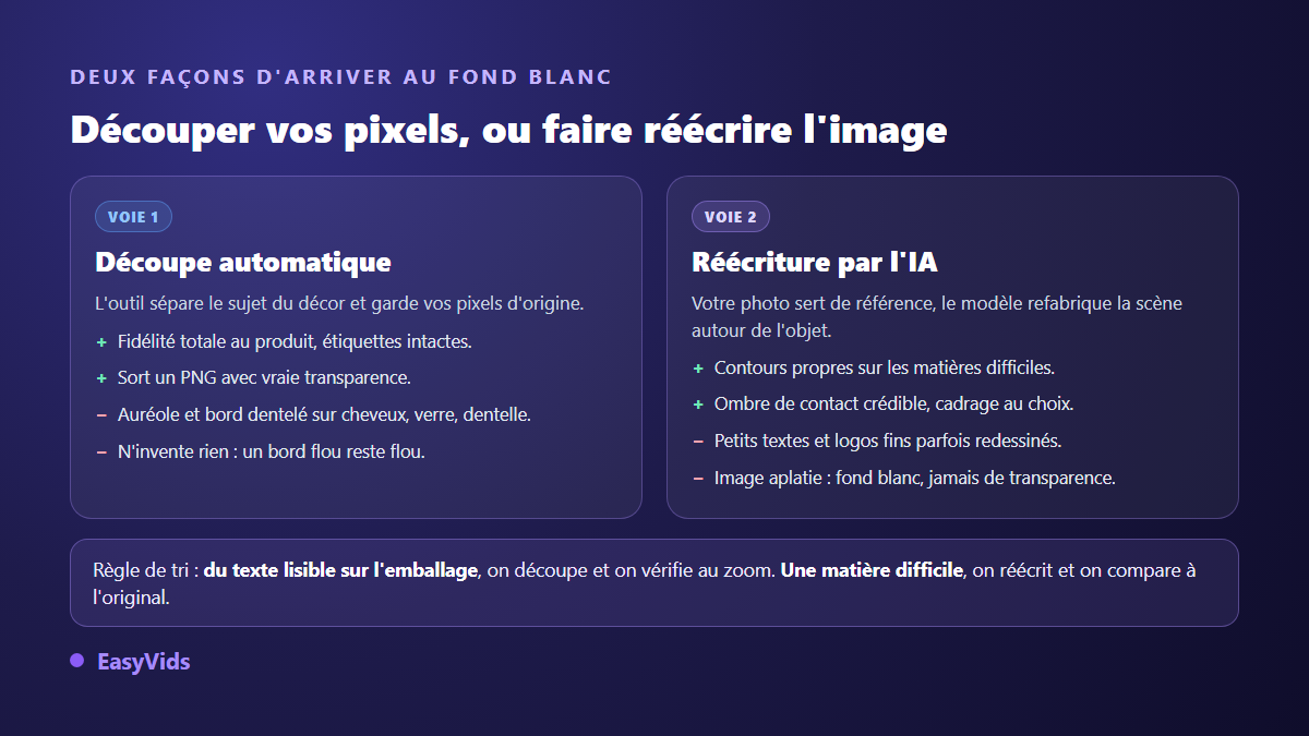 Comparaison entre la découpe automatique et la réécriture par IA pour détourer une photo produit sur fond blanc