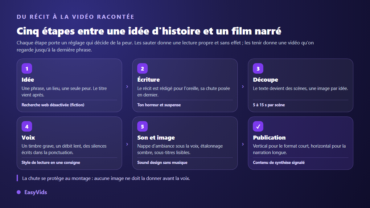 Chaîne de production d'une vidéo d'histoire d'horreur courte, de l'idée à la publication