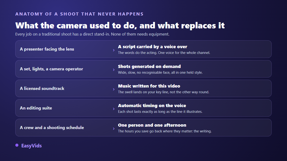 What replaces each job of a filmed shoot on a faceless motivation channel: presenter, set, soundtrack, edit and crew