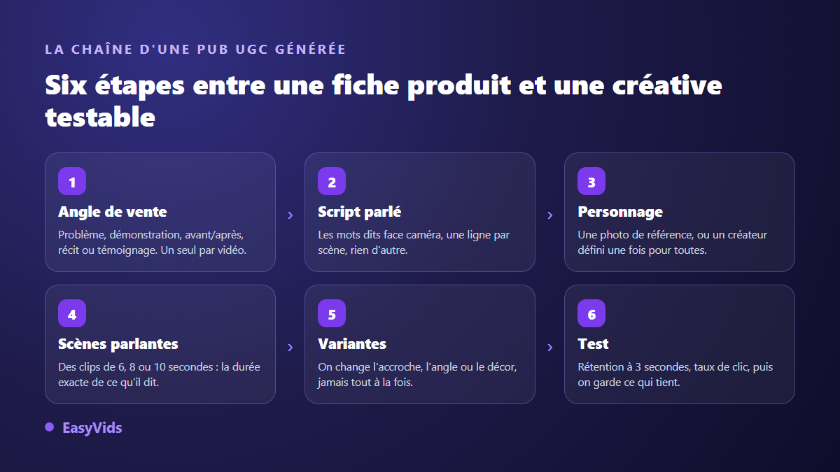 Les six étapes d'une publicité UGC générée par IA : angle de vente, script parlé, personnage, scènes courtes, variantes et test