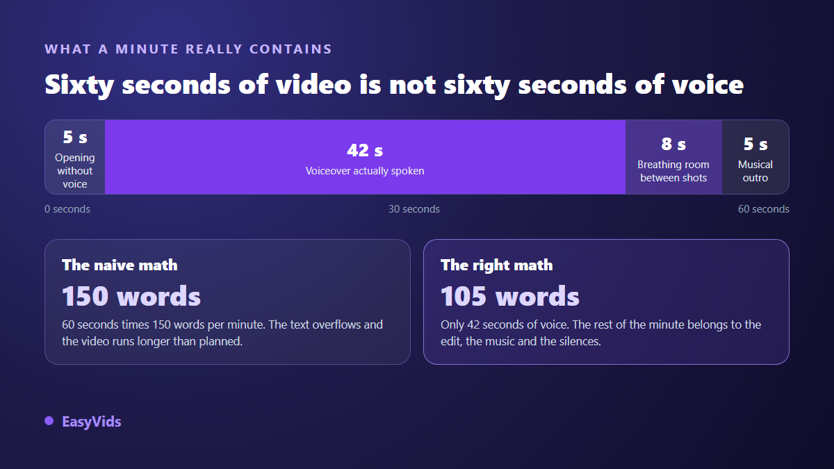 Breakdown of one edited minute of video: silent opening, spoken voice over, breathing room between shots and musical ending
