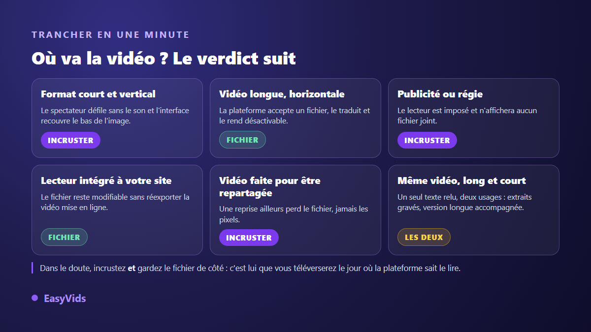 Grille de décision pour choisir entre incruster les sous-titres et joindre un fichier SRT selon la destination de la vidéo