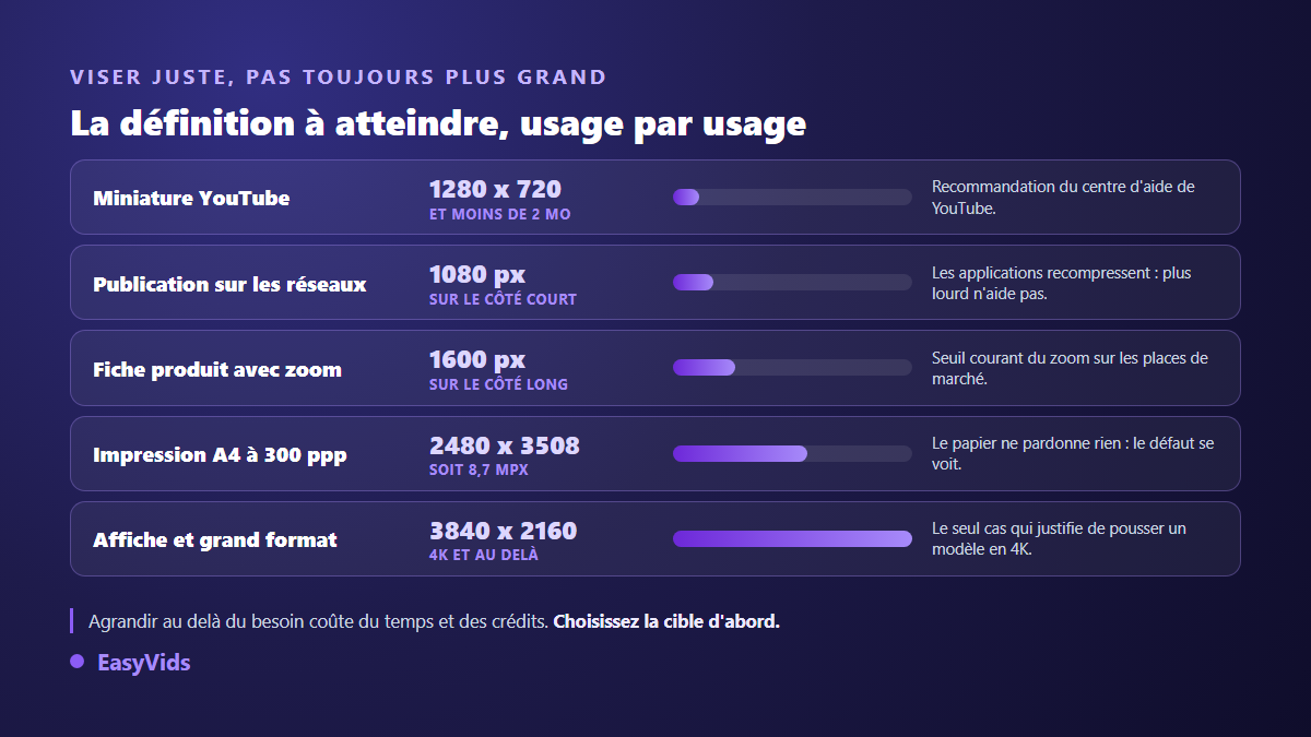 Tableau des définitions cibles pour agrandir une image selon l'usage : miniature YouTube, réseaux sociaux, fiche produit, impression A4 et grand format