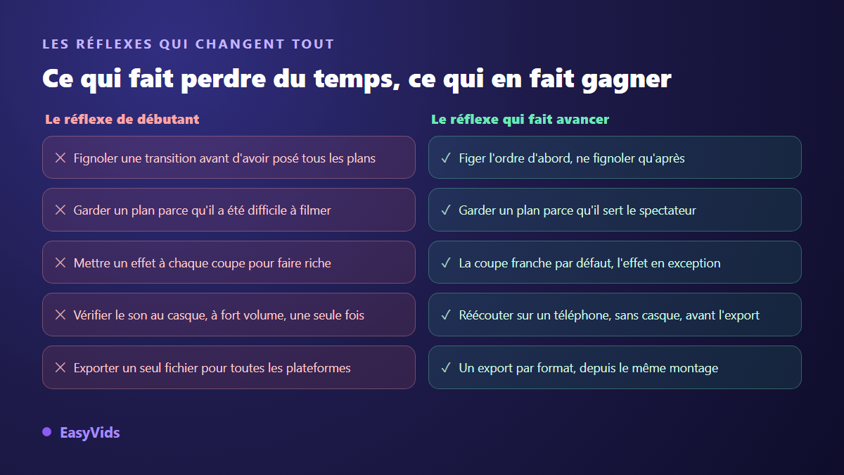 Erreurs de montage vidéo chez un débutant et les réflexes qui font gagner du temps, en vis à vis