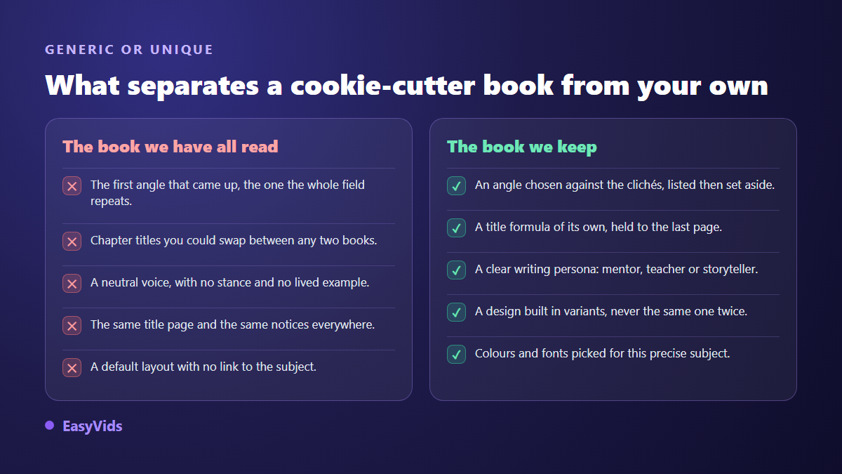 Generic ebook compared with a unique one: angle, chapter titles, voice, styling and layout