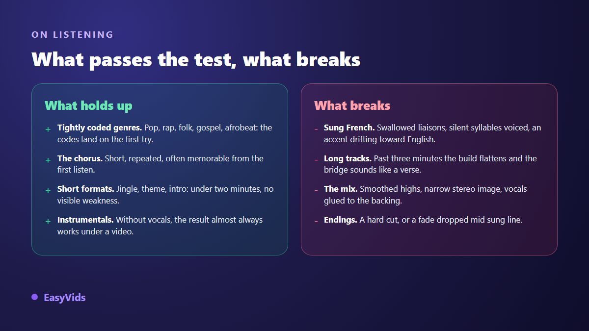 Strengths and limits of an AI generated song: strong genre conventions and short formats against sung pronunciation and long tracks