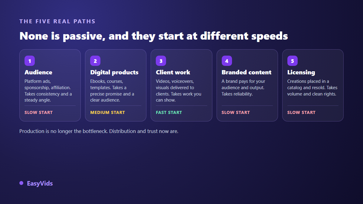 The five routes to monetise AI creations: audience, digital products, client services, branded content and licensing, with their start-up speed