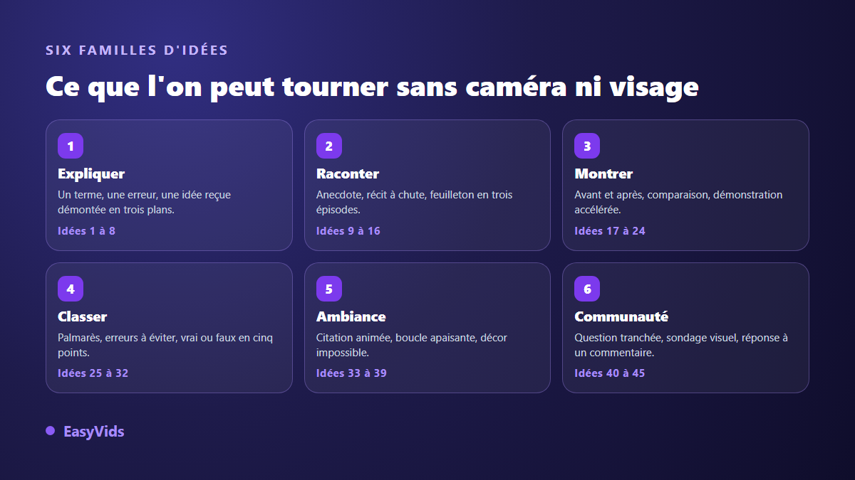 Les six familles d'idées de vidéo TikTok sans se filmer : expliquer, raconter, montrer, classer, ambiance, communauté