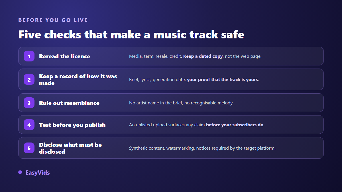 Five checks before publishing royalty-free music: licence, record of creation, similarity, test upload and disclosure