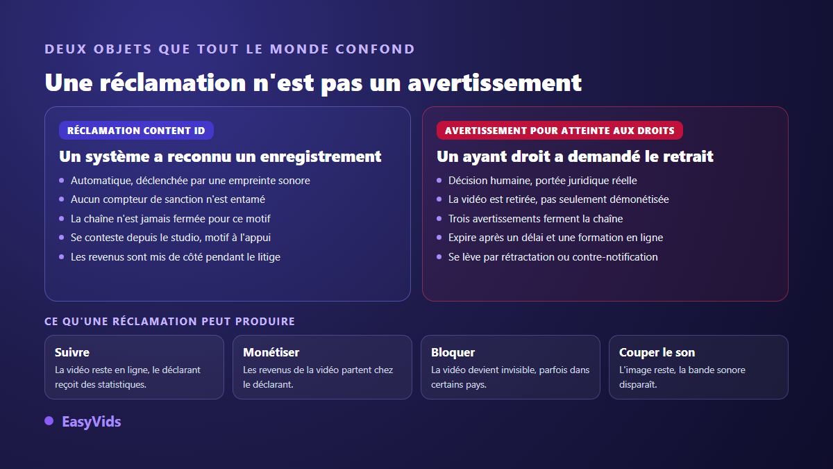 Différence entre une réclamation Content ID et un avertissement pour atteinte aux droits d'auteur sur YouTube, avec les quatre effets possibles d'une réclamation