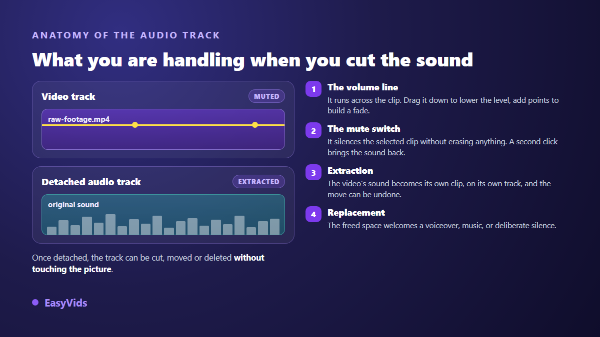 Anatomy of an audio track in a video editor: volume line, mute switch and detached audio lane