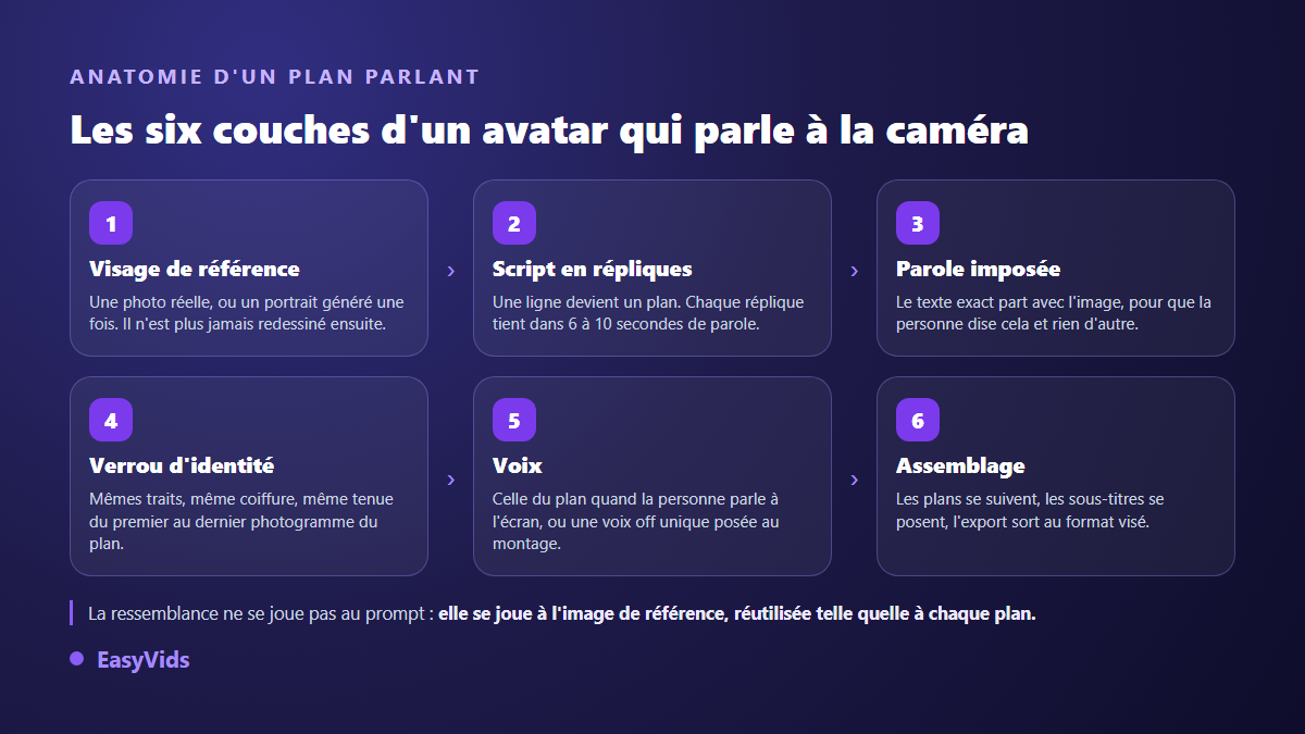 Les six couches d'un plan d'avatar parlant IA : visage de référence, script en répliques, parole imposée, verrou d'identité, voix et assemblage