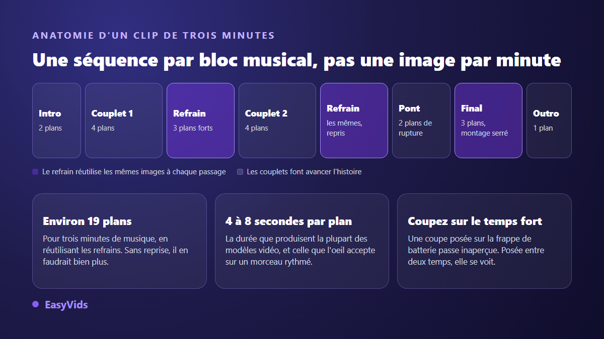 Découpage d'un clip musical de trois minutes en blocs : intro, couplets, refrains repris, pont et final, avec le nombre de plans par bloc