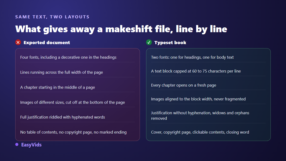 An ebook exported with no layout work compared with a book composed to typographic rules