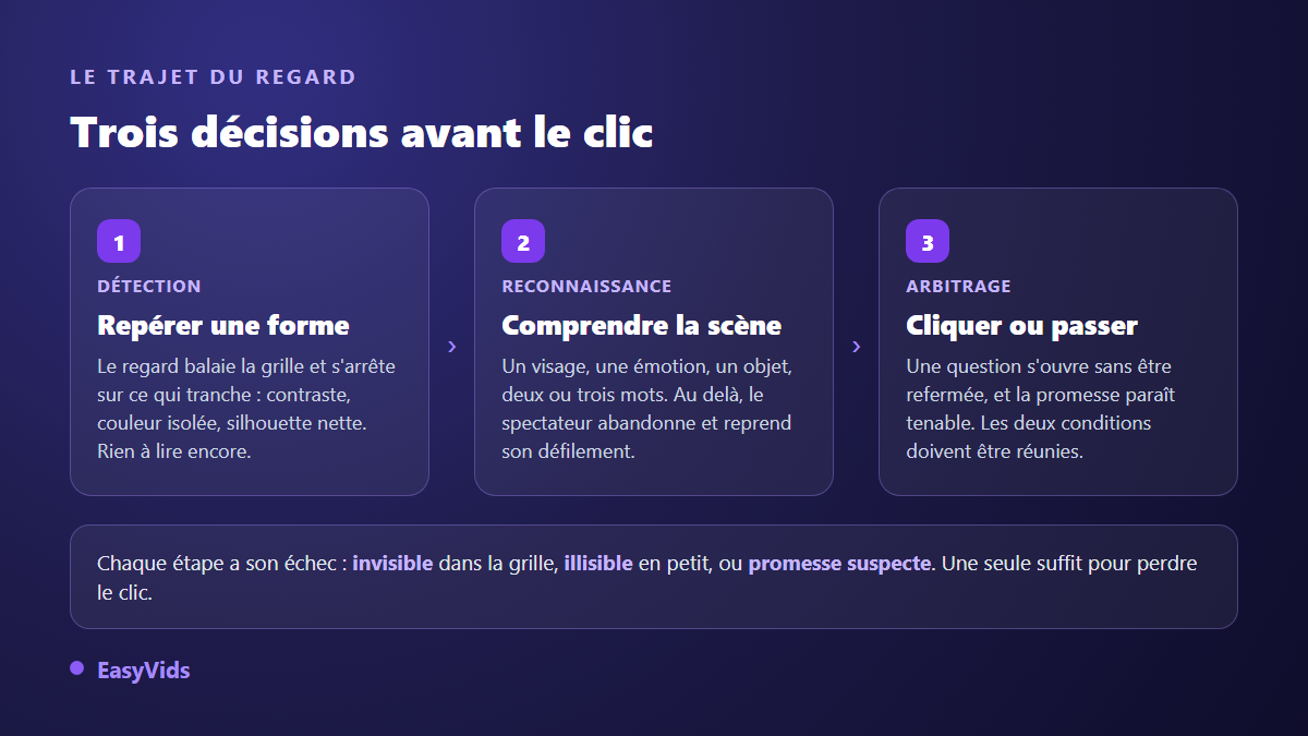Les trois décisions du spectateur devant une miniature YouTube : repérer une forme, comprendre la scène, cliquer ou passer
