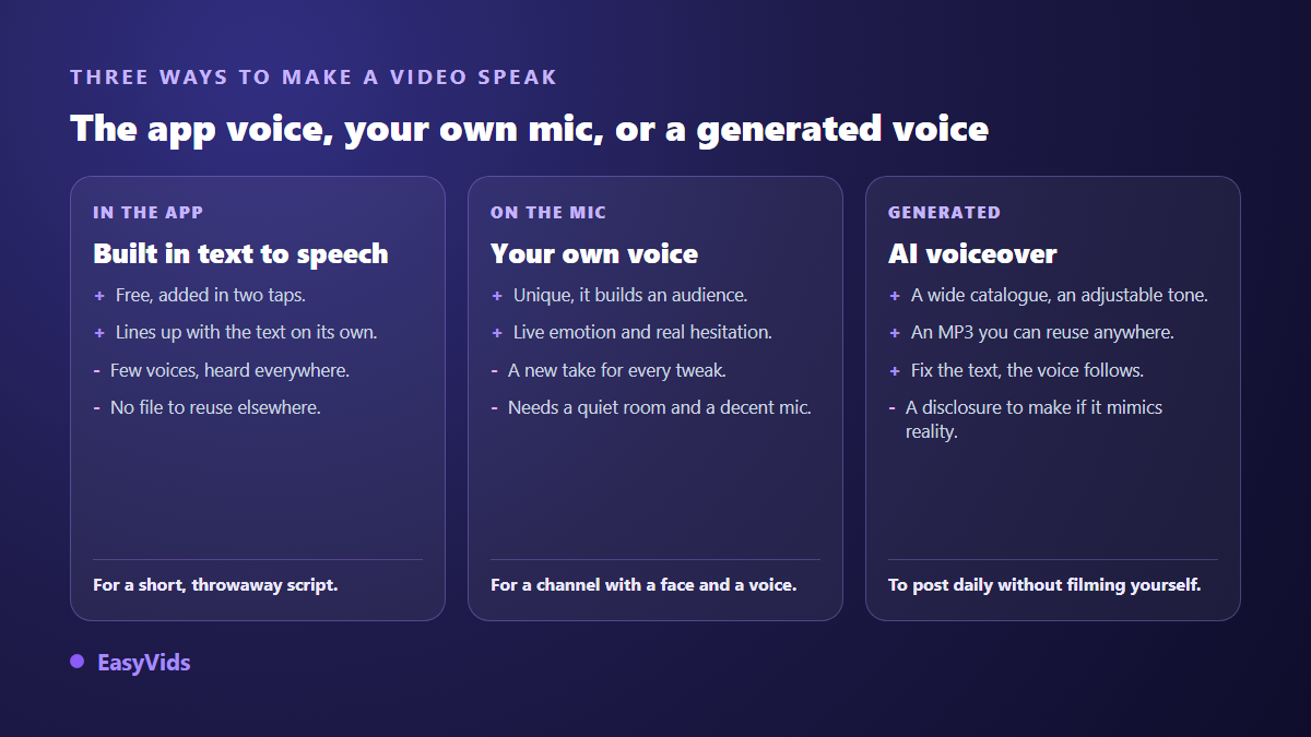 Three sources of voice over for a TikTok video compared: native text to speech, recorded microphone voice, generated AI voice