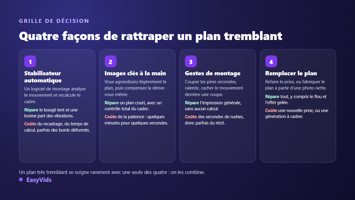 Quatre méthodes pour stabiliser une vidéo tremblante : stabilisateur automatique, images clés manuelles, gestes de montage, remplacement du plan