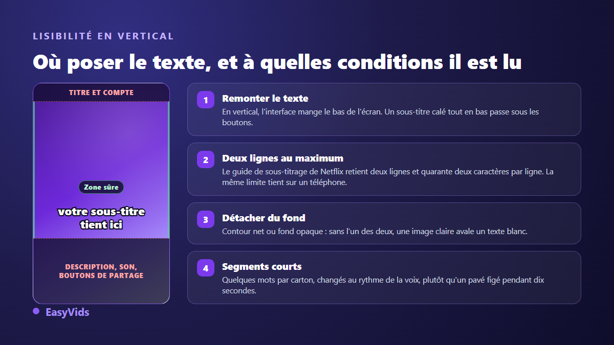 Zone sûre pour poser des sous-titres lisibles sur une vidéo verticale et règles de taille, de contraste et de longueur de ligne