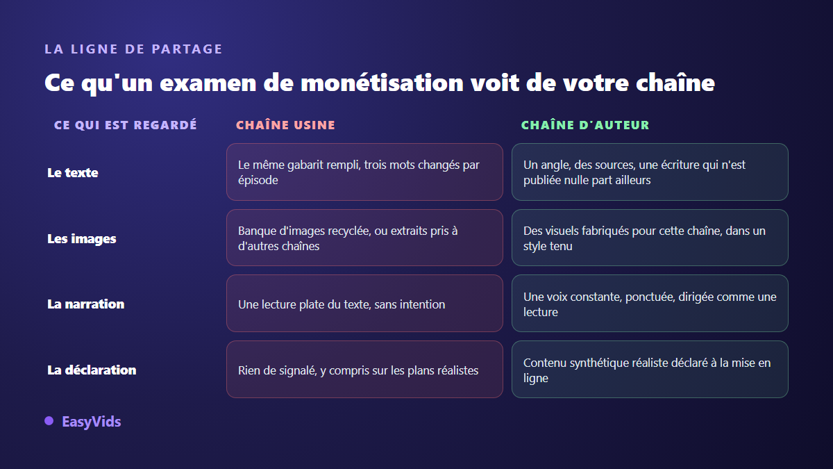 Chaîne dark refusée ou acceptée en monétisation : texte, images, narration et déclaration comparés