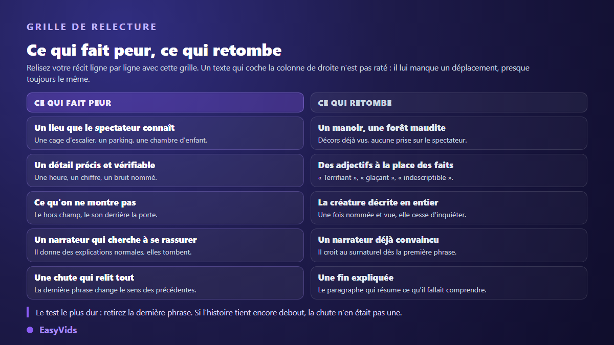 Grille comparant les ressorts qui font peur dans un récit court et ceux qui retombent