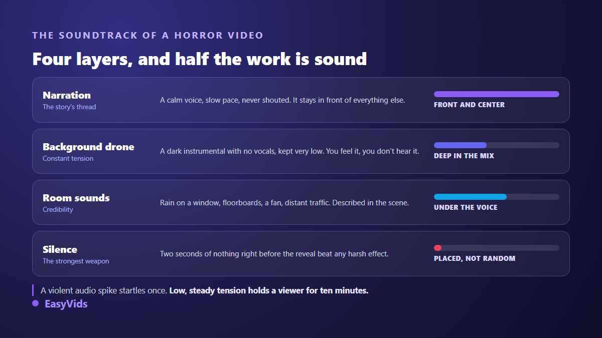 The four sound layers of a horror video: narration, drone bed, location ambience and silence