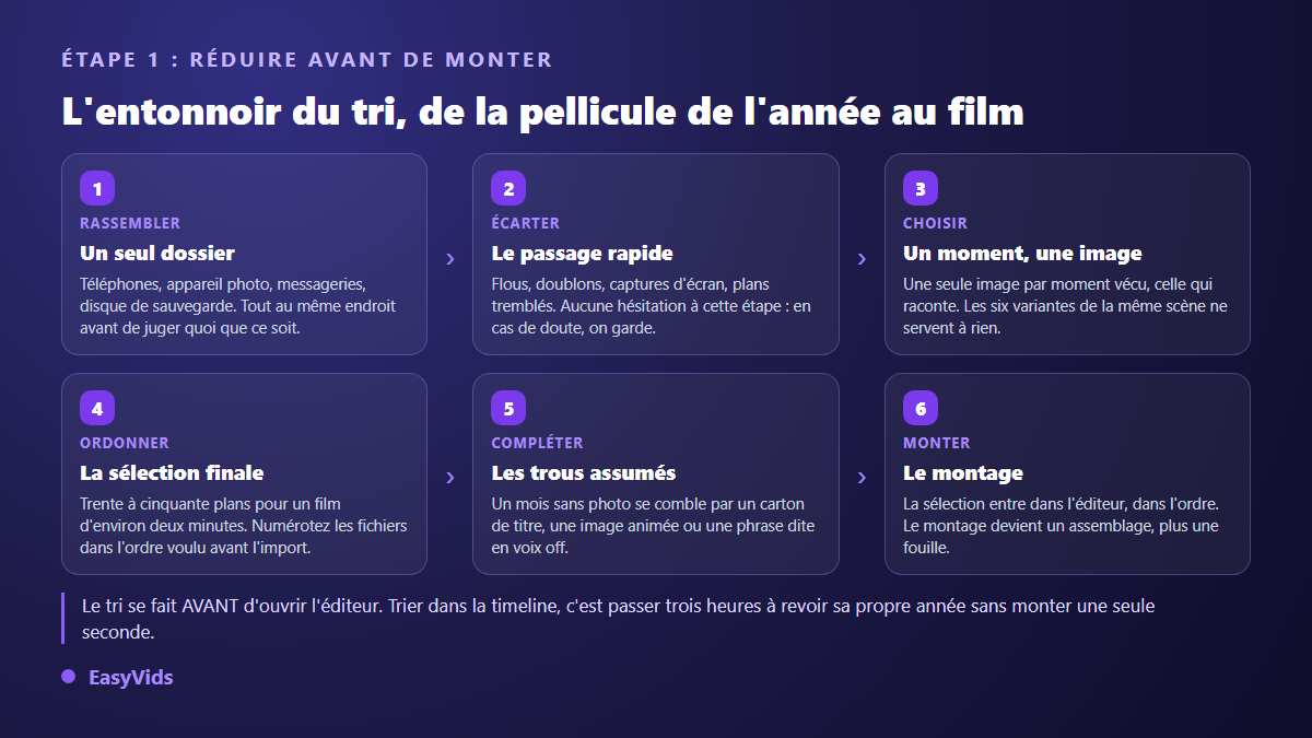 Les six étapes du tri d'une rétrospective vidéo : rassembler, écarter, choisir, ordonner, compléter, monter