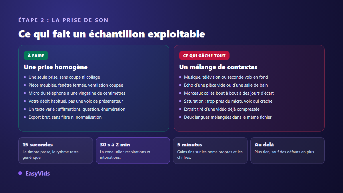 Comparaison entre un bon échantillon audio pour cloner une voix et les défauts qui le rendent inutilisable