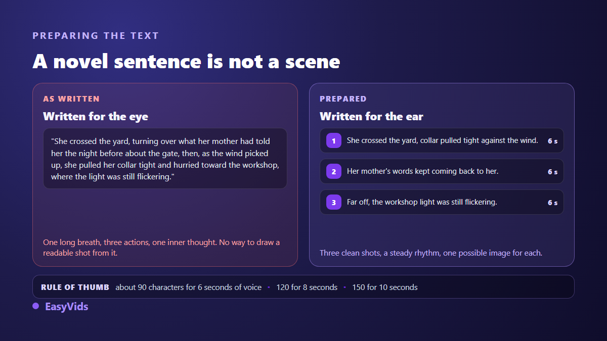 Before and after splitting a story into video scenes: one long literary sentence becomes three six second segments
