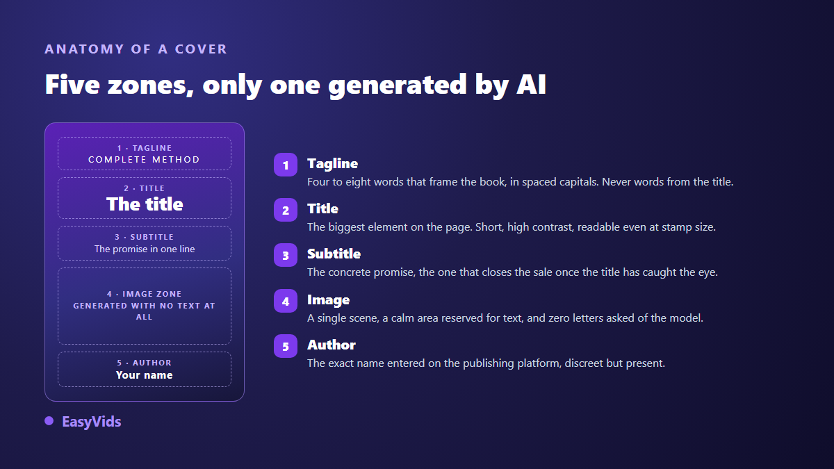 Anatomy of a book cover: kicker, title, subtitle, generated artwork area with no text, and author name