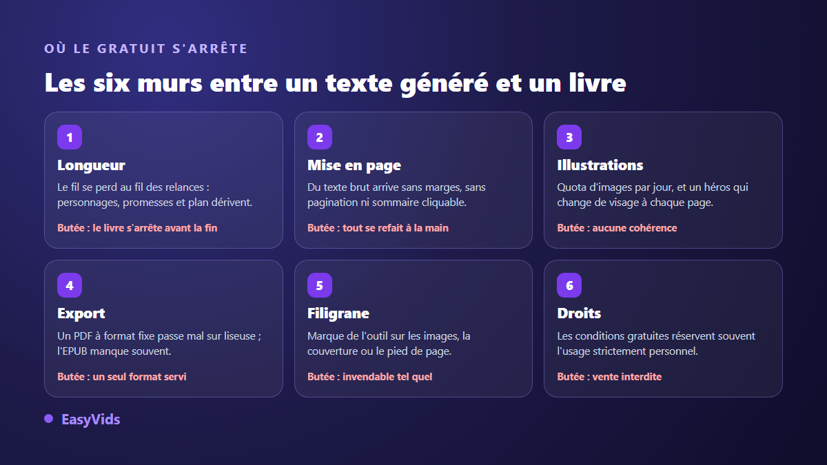 Les six murs d'un ebook gratuit : longueur, mise en page, illustrations, export, filigrane et droits d'usage