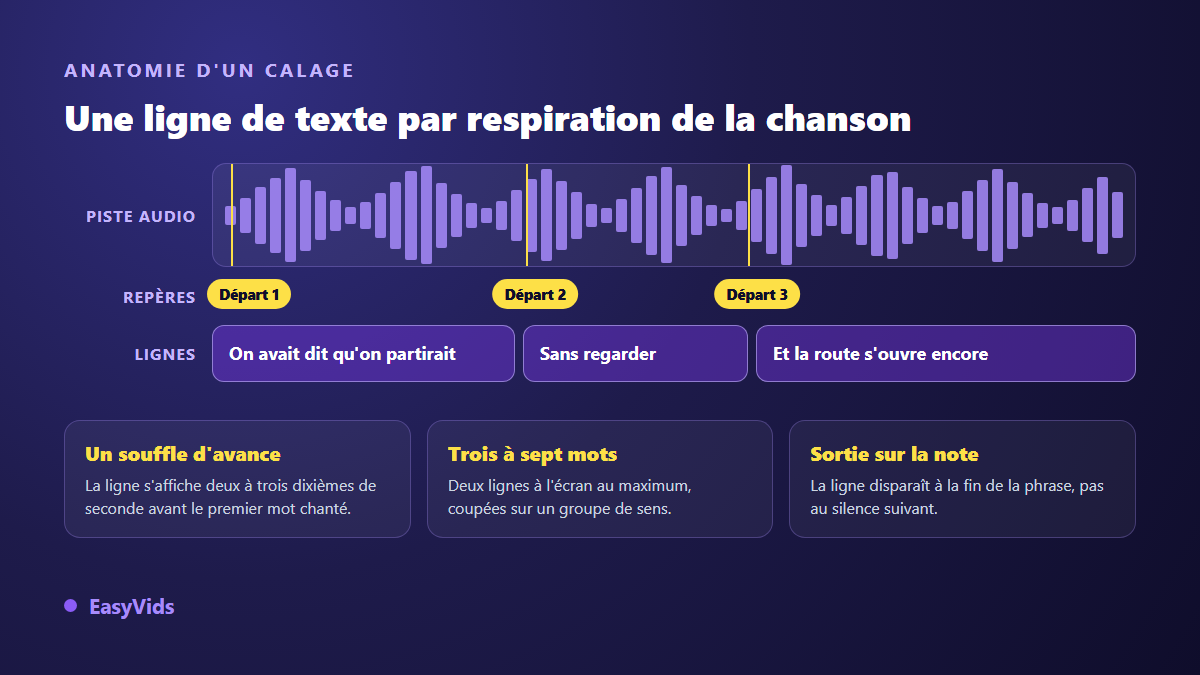 Anatomie du calage d'une vidéo karaoké : forme d'onde de la chanson, repères de départ et lignes de paroles synchronisées