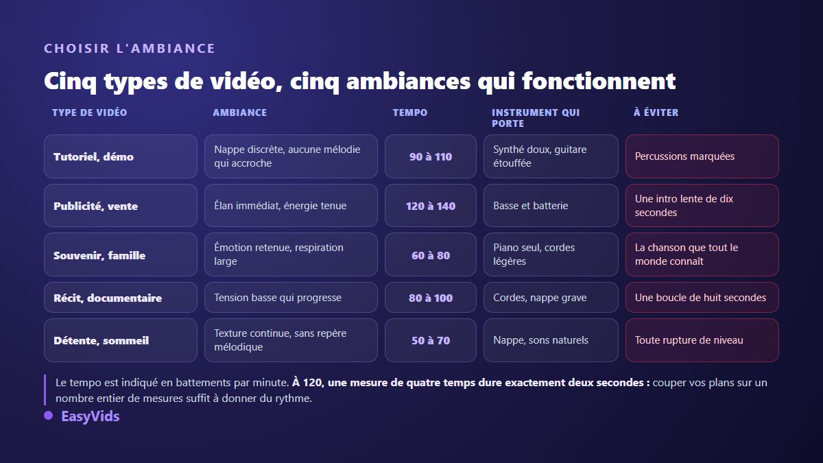 Tableau des ambiances de musique de fond par type de vidéo, avec le tempo, l'instrument dominant et l'erreur à éviter