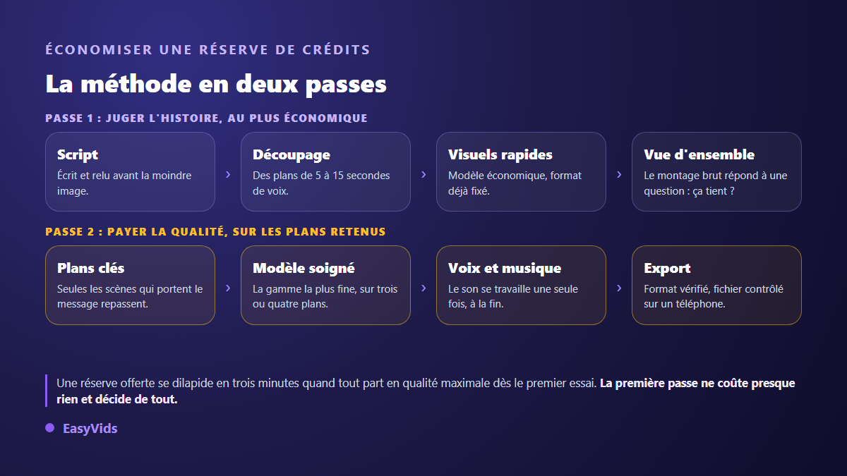 Méthode en deux passes pour économiser les crédits d'un essai gratuit de générateur vidéo IA : brouillon économique puis version finale soignée