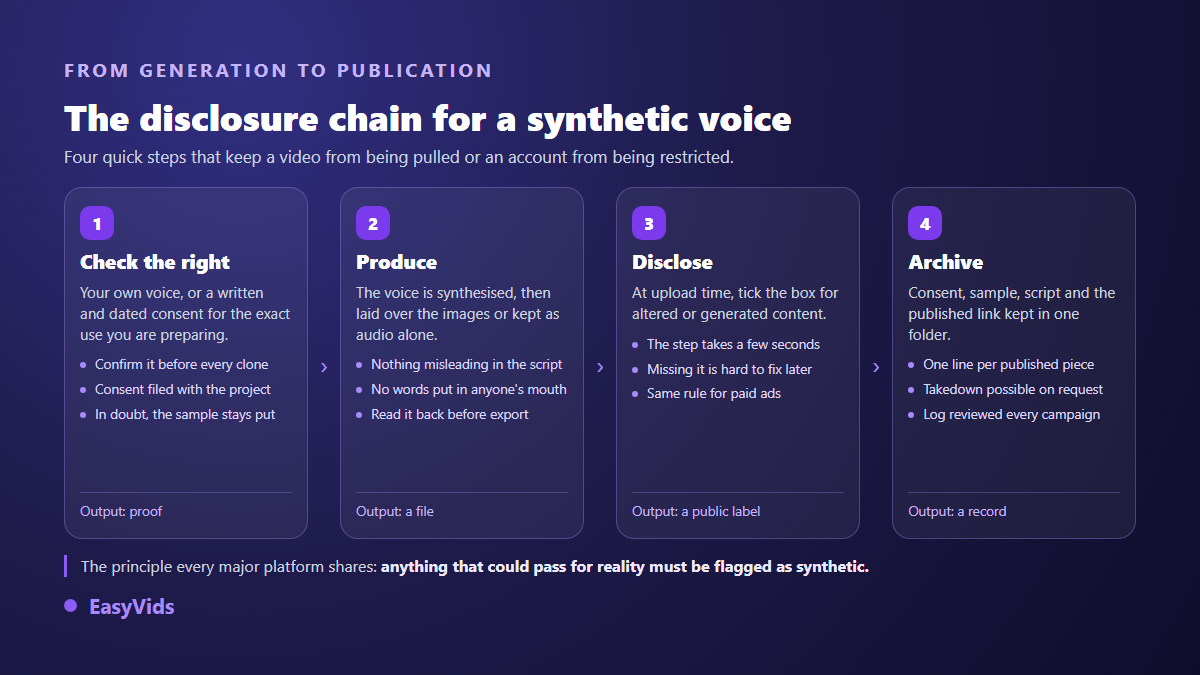 Disclosure chain for a synthetic voice, from checking the rights to archiving the evidence