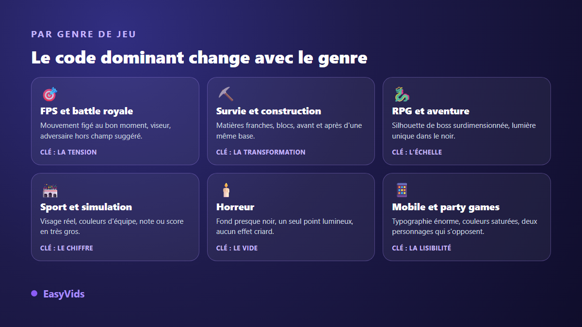 Grille des codes de miniature par genre de jeu : FPS, survie, RPG, sport, horreur et mobile