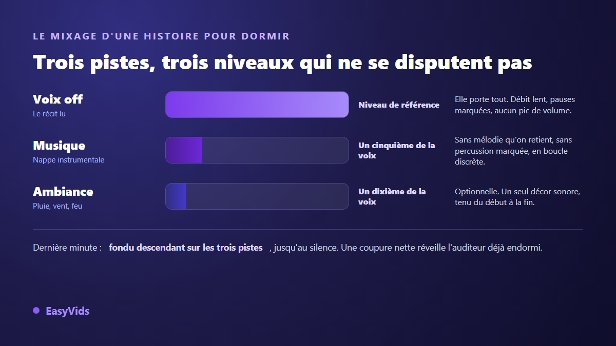 Le mixage d'une histoire pour dormir : voix off en référence, musique à un cinquième du niveau, ambiance sonore encore en dessous