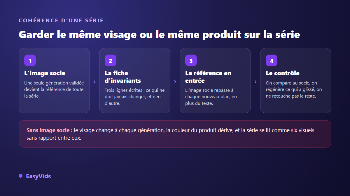 Méthode pour garder un personnage cohérent avec un générateur d'images IA : image socle, fiche d'invariants, référence en entrée, contrôle