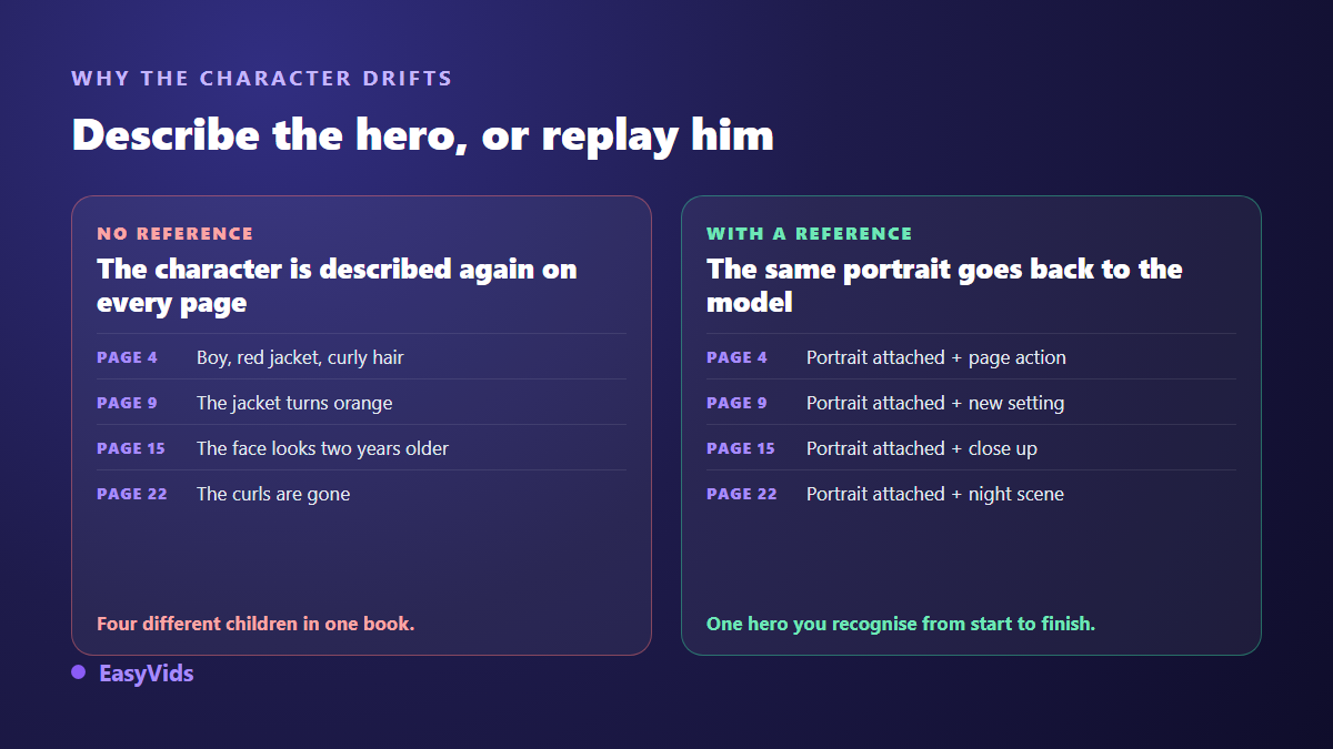 A children's book hero described again on every page compared with the same hero generated from one reference portrait
