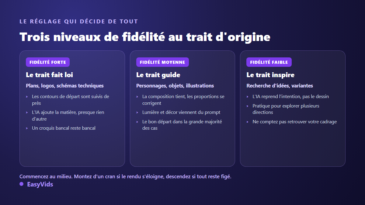 Trois niveaux de fidélité au croquis d'origine lors d'une conversion d'un dessin vers une image IA