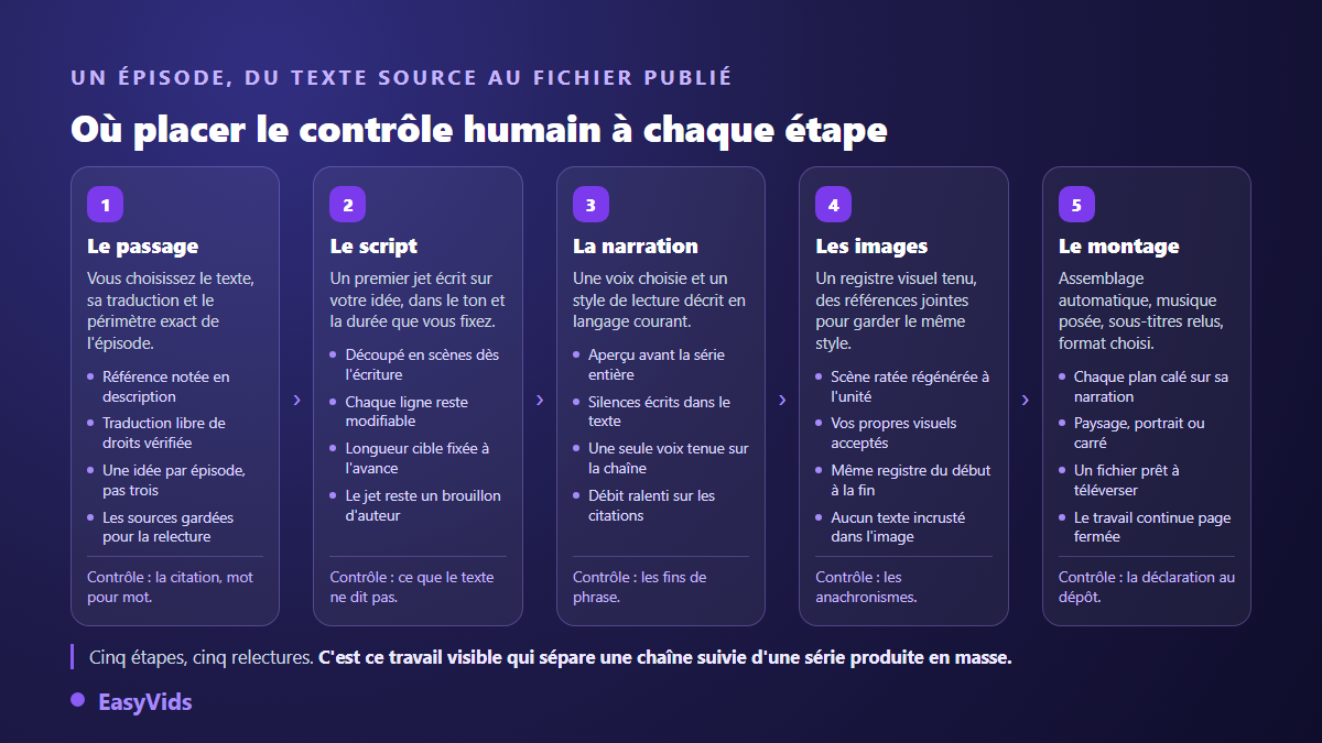 Les cinq étapes de production d'un épisode de chaîne biblique, du choix du passage au montage final