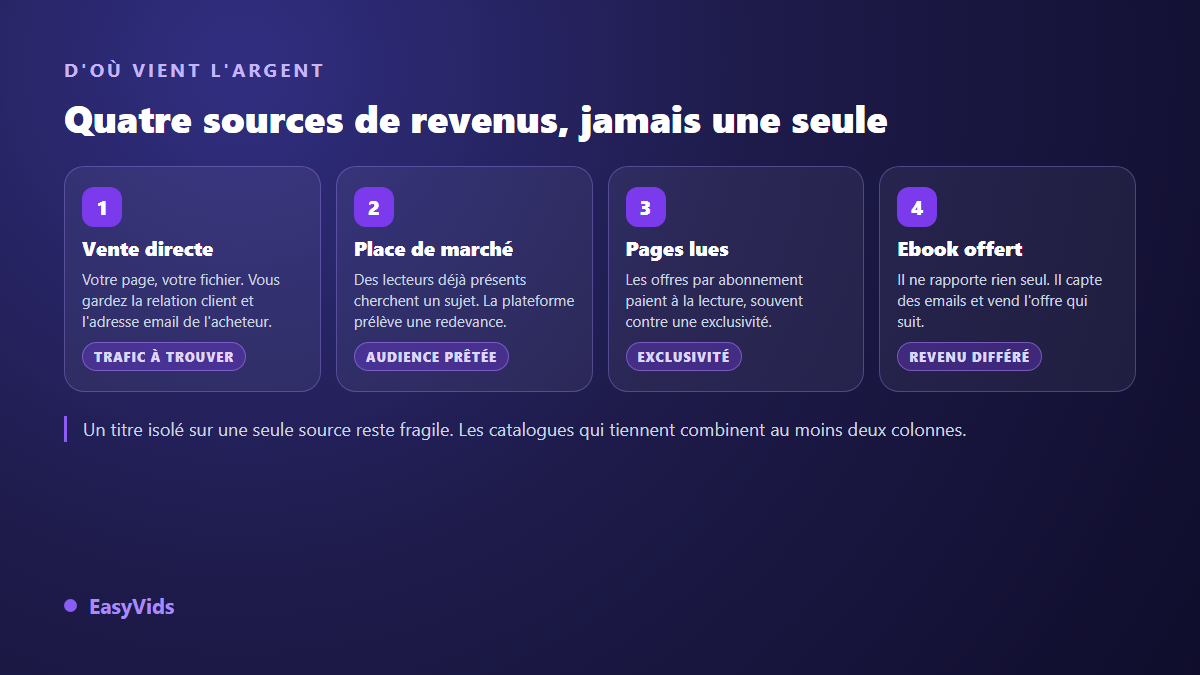 Les quatre sources de revenus d'un ebook : vente directe, place de marché, pages lues et ebook offert, avec la contrepartie de chacune