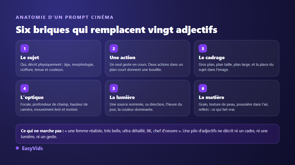 Anatomie d'un prompt vidéo cinématographique en six briques : sujet, action, cadrage, optique, lumière et matière