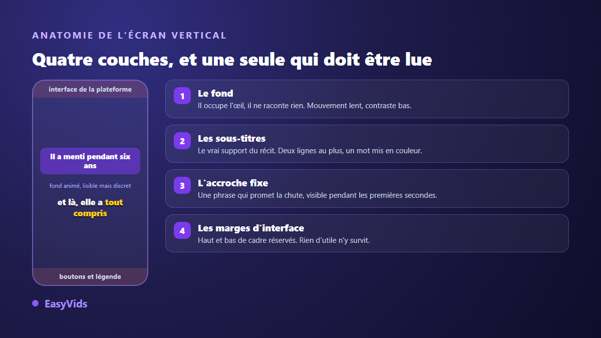 Anatomie de l'écran vertical d'une vidéo d'histoire : fond, sous-titres, accroche fixe et marges d'interface