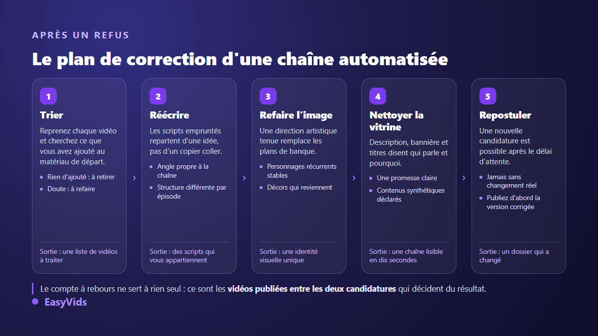 Plan de correction en cinq étapes d'une chaîne YouTube automatisée refusée pour contenu réutilisé