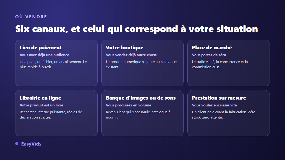 Six canaux pour vendre un produit numérique : lien de paiement, boutique, place de marché, librairie en ligne, banque d'images et prestation sur mesure